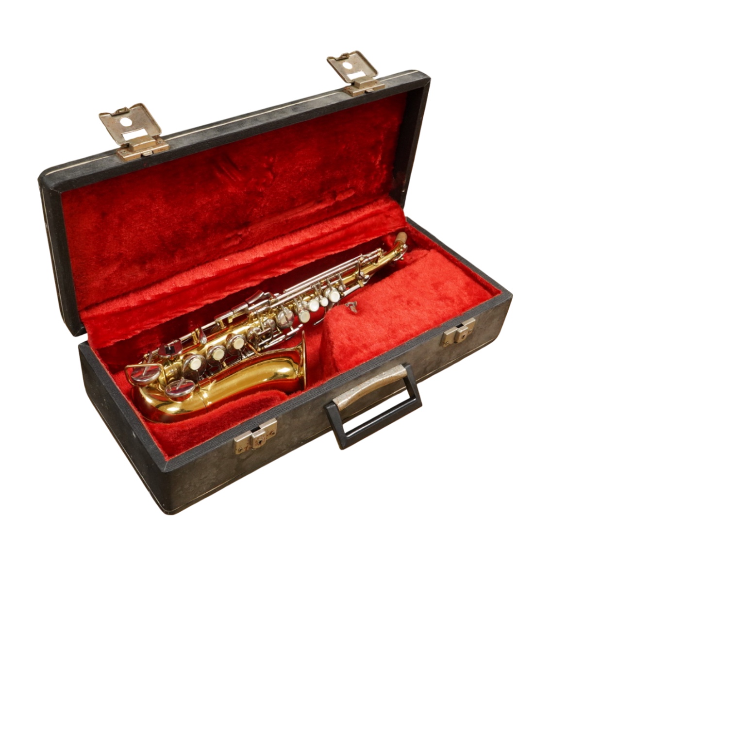 A cased Borgani soprano saxophone